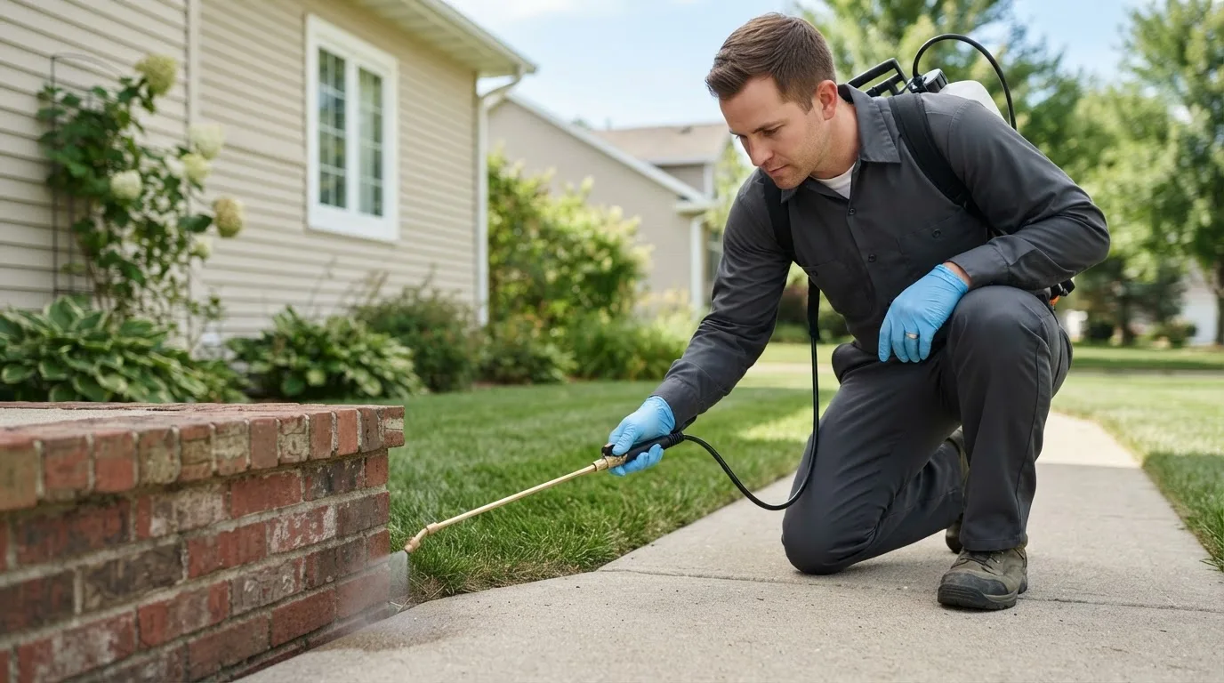 Pest control technician treating a home near New Canton, IL