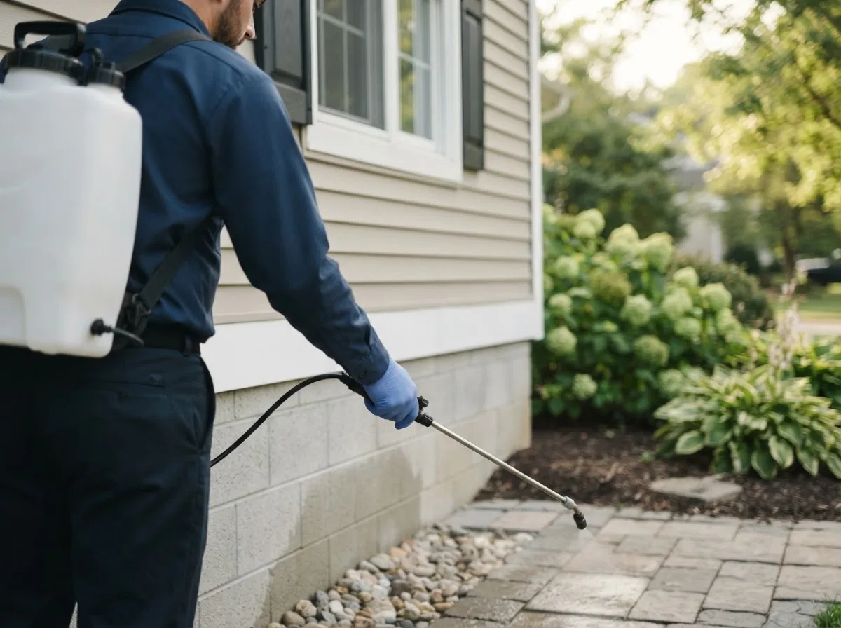 Pest control technician inspecting a home in New Canton, IL